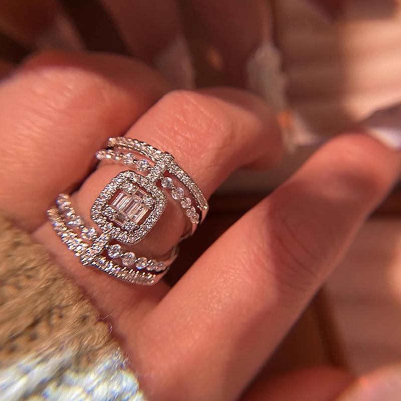 Gorgeous Wide Ring Female Silver Color Brilliant CZ Finger Jewelry for Wedding Party Luxury Women Anniversary Accessories