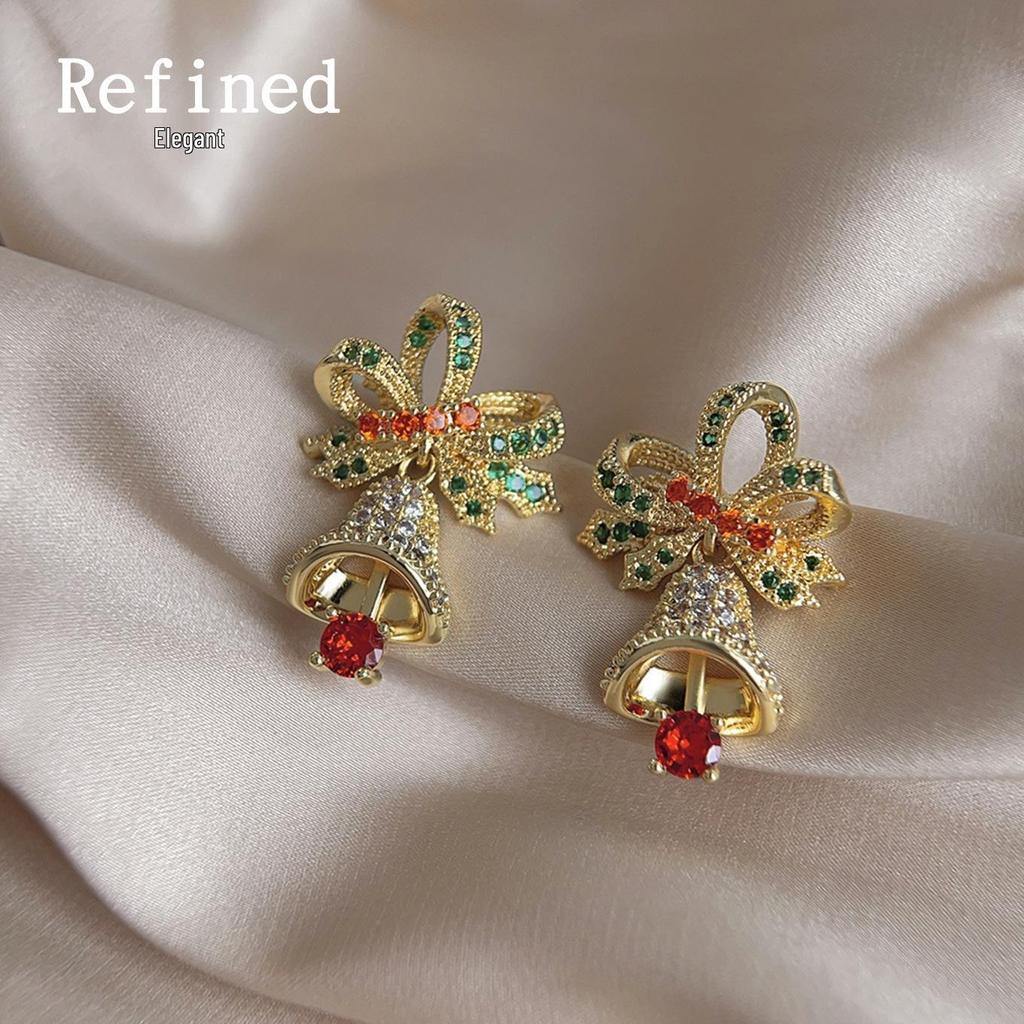 14K Gold Plated Colorful Gemstone Zircon Christmas Bell Stud Earrings 2023