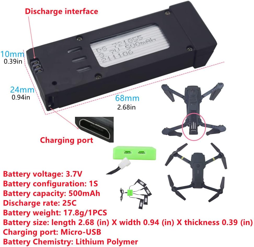 Lot de 4 batteries LiPo 3,7V 500mAh avec chargeur USB 4-en-1 – Kit d'alimentation à charge rapide pour drones et quadcoptères RC E58, S168, JY019