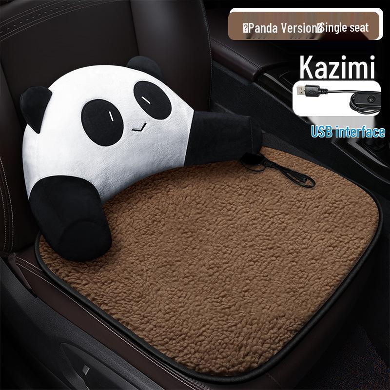 Solid Color Lamb Wool Cartoon Panda Car Seat Cushion - Winter Heating Pad with Sunflower Design