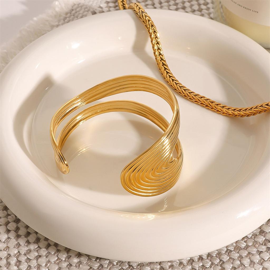Waterproof 316L Stainless Steel Metal Round Bracelet Bangle Women Minimalist 18k Gold Color Texture Charm Jewelry