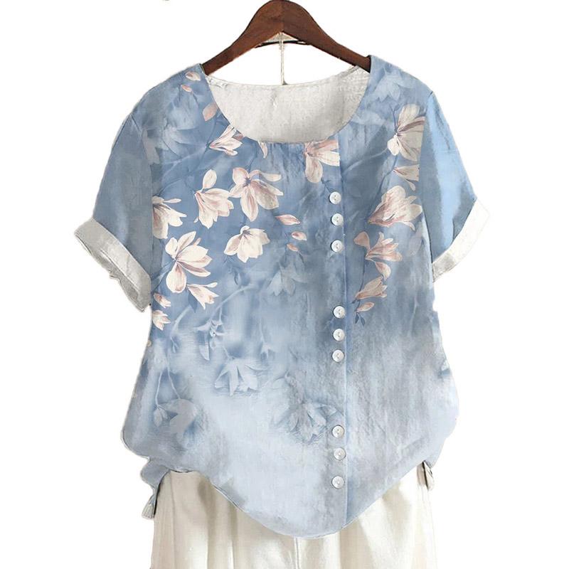 Sommer Uformell Retro bomull Lin Motetrykk Løs fritidsskjorte Kortermet allsidig T-skjorte topp for kvinner