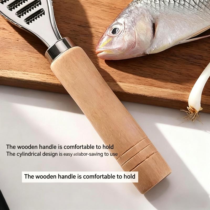 

Stainless Steel Fish Scale Remover, Manual Fish Scaler With Wood Handle, Fish Cleaning Tool, Built-In Ginger Garlic Grater бежевий