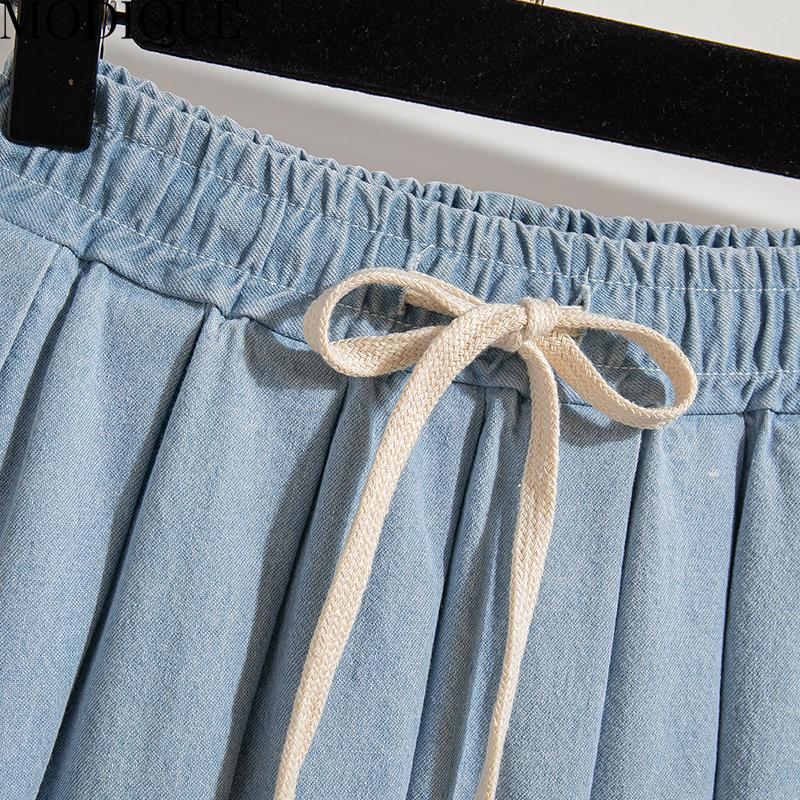 MODIQUE Summer Plus Size Women Loose Basics Elastic Mock Two-Piece Pleated Short Skirts Female Casual Blue Denim Short Pants