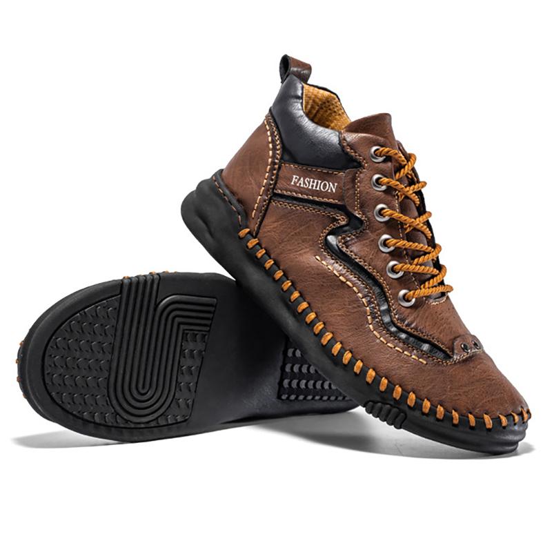 Mens Leather Boots Autumn Winter Vintage Handmade Sewing Soft Business Flat Casual Shoes Daily Comfortable Durable Walking Shoes