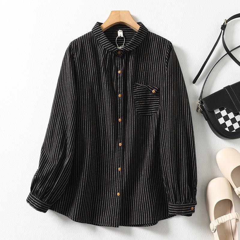 

Весенняя винтажная рубашка из хлопка и льна с длинными рукавами и полосатым художественным верхом для женщин 2XL