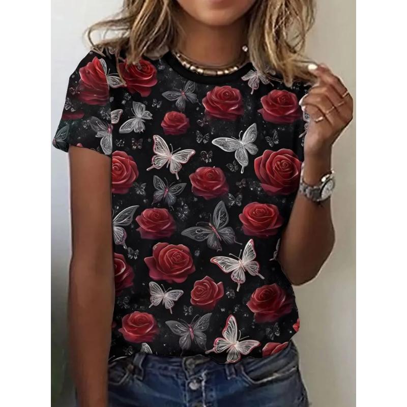 Flower Short Sleeve Fashion Women's Solid Color Flower Crew Neck T-Shirt 3D Flower Color Printing Crew Neck Short Sleeve Tees