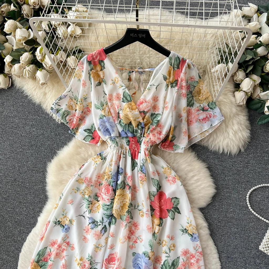 Abito Chiffon Stampato Sle Vacanza al Mare Donna Estate Nuovo Scollo a V Aderente in Vita Snellente Lunghezza Media Ampia Gonna a Ruota Moda