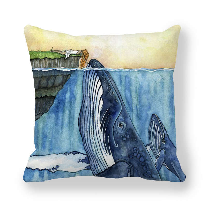 Watercolor Art Of Whale Pattern Digital Printing Short Plush Pillow Covers For Car Sofa Office Cushion Cover Home Goods