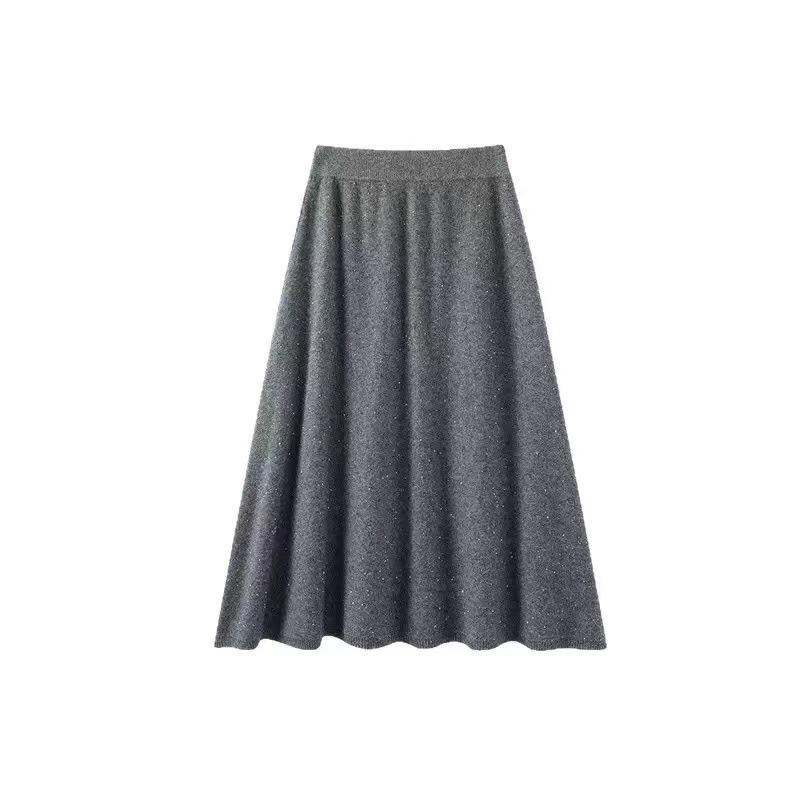 High-Waisted A-line Wool Sequin Umbrella Skirt – Mid-Length Slimming for Autumn/Winter
