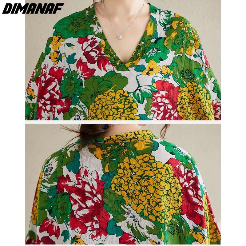 DIMANAF 2024 Übergröße Sommer Langes Kleid Strand Damen V-Ausschnitt Blumendruck Urlaub Lässig Weiche Baumwolle Lockere Maxikleider