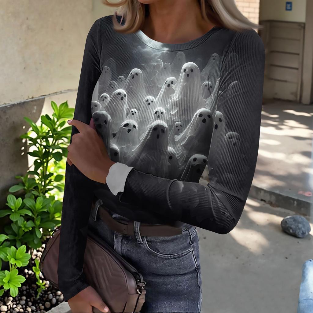 Women Casual Long Sleeve Ribbed Knit Top Crew Neck Halloween Print Slim Fit Stretchy Pullover Shirt for Fall and Winter