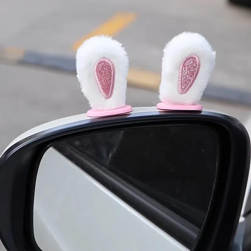 Cute Rabbit Ear Car Rearview Mirror Decor, Fluffy Plush Auto Mirror Accessories, Adorable Bunny Ears for Car Styling Accessories
