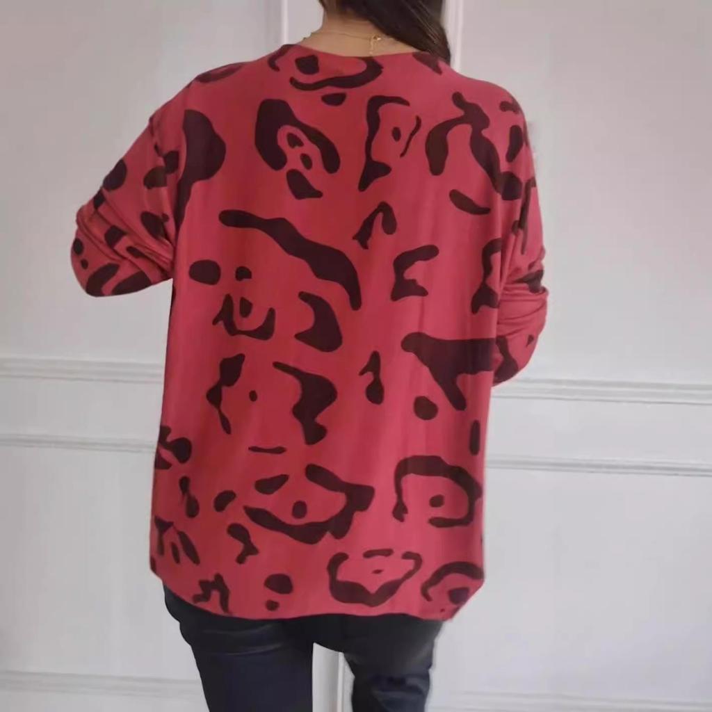 2024 Autumn/Winter Casual Leopard Print Women's Long Sleeve Crew Neck Top