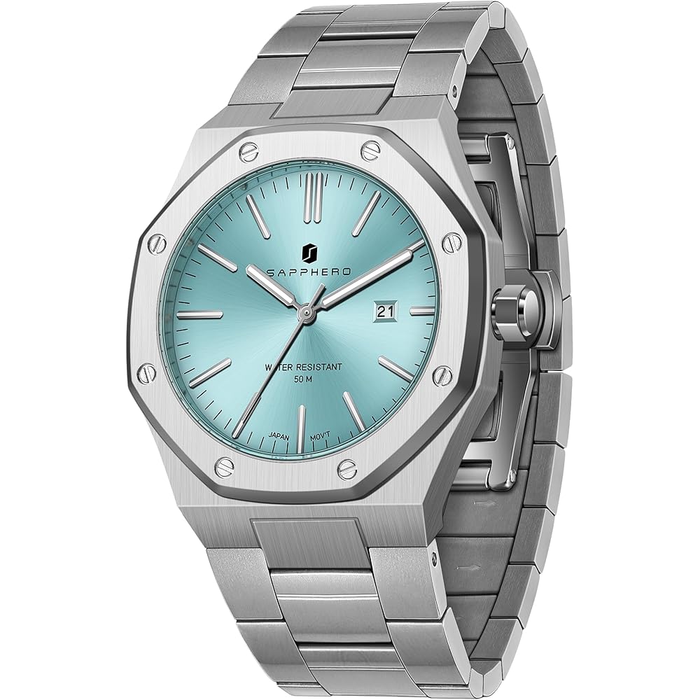 SAPPHERO Men s Octagonal Stainless Steel Waterproof Luminous Analog Quartz Watch Date Business Casual Gift
