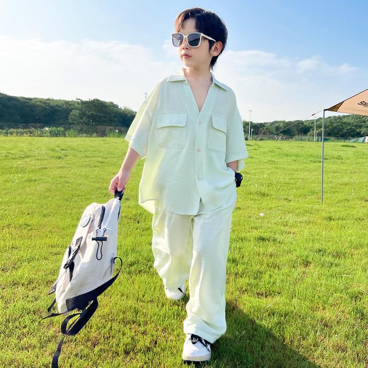 Boys' Summer 2026 Casual Korean Style Two-Piece Set – Short Sleeve & Long Pants