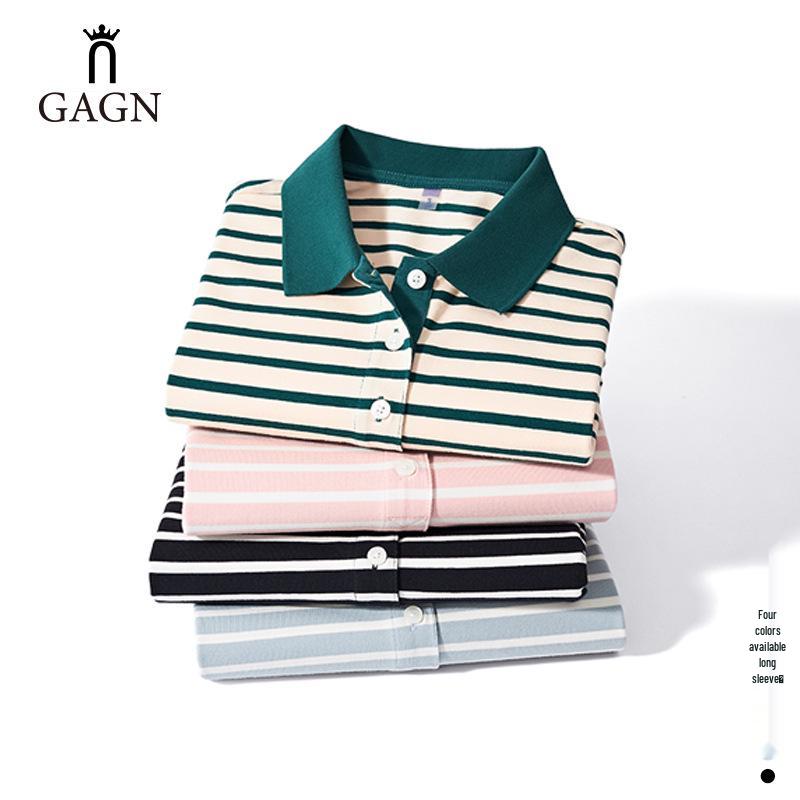 

GAGN Women s Pure Cotton Long-Sleeved Striped Slimming Polo Shirt XL