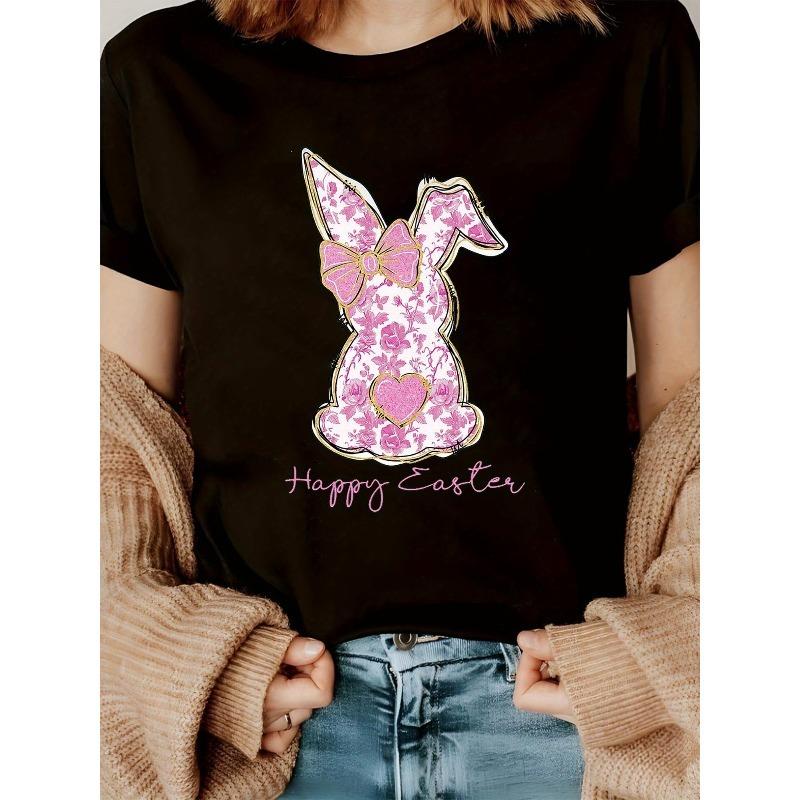 

European sizes Happy Easter Bunny Printed Short Sleeved T-shirt Casual Round Neck Women S T-shirt, Sports T-shirt, Women S Sportswear 4XL чорний