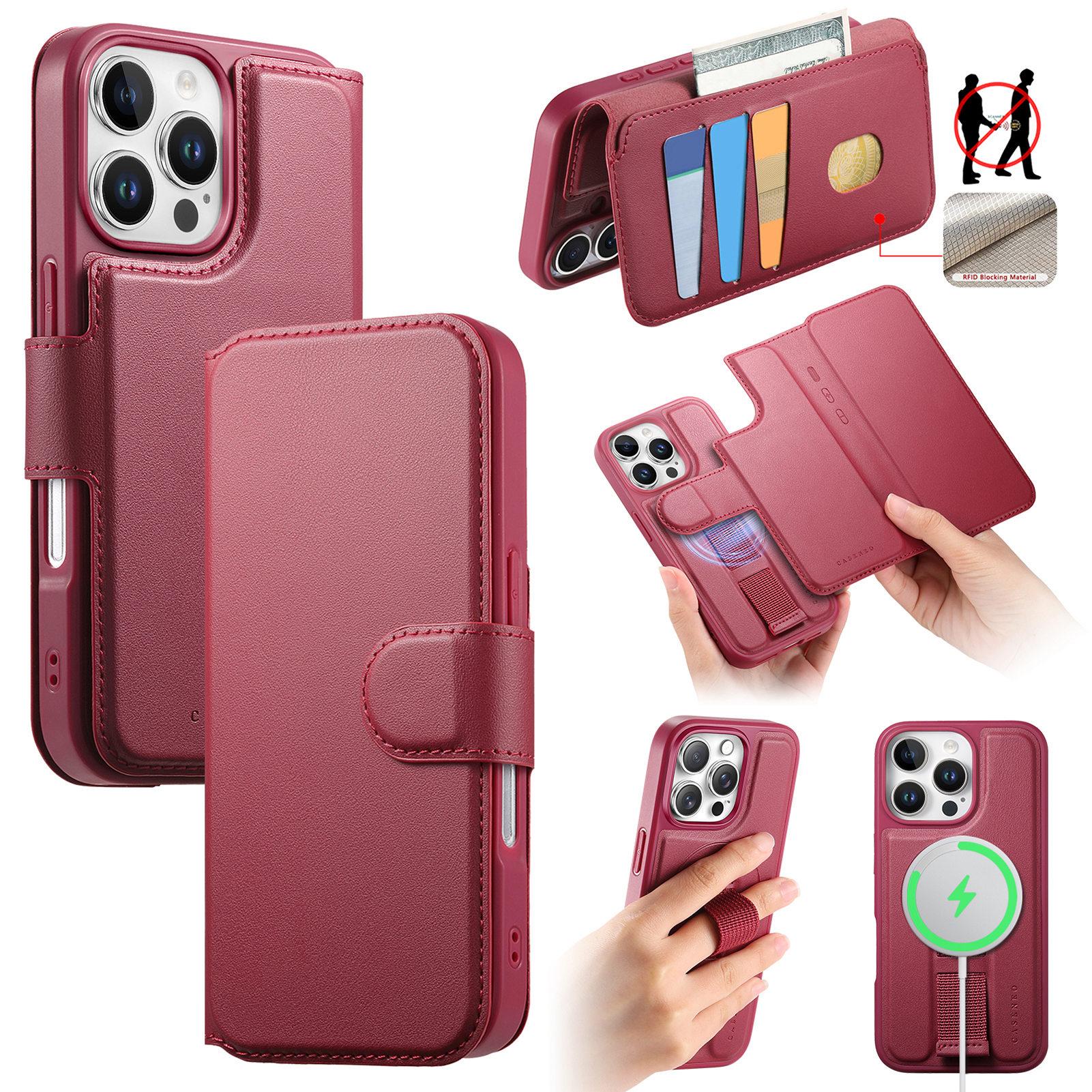 

CASENEO MW-07 For iPhone 16 Pro Magnetic Case RFID Blocking Wallet Stand Leather Phone Cover with Wristband Red