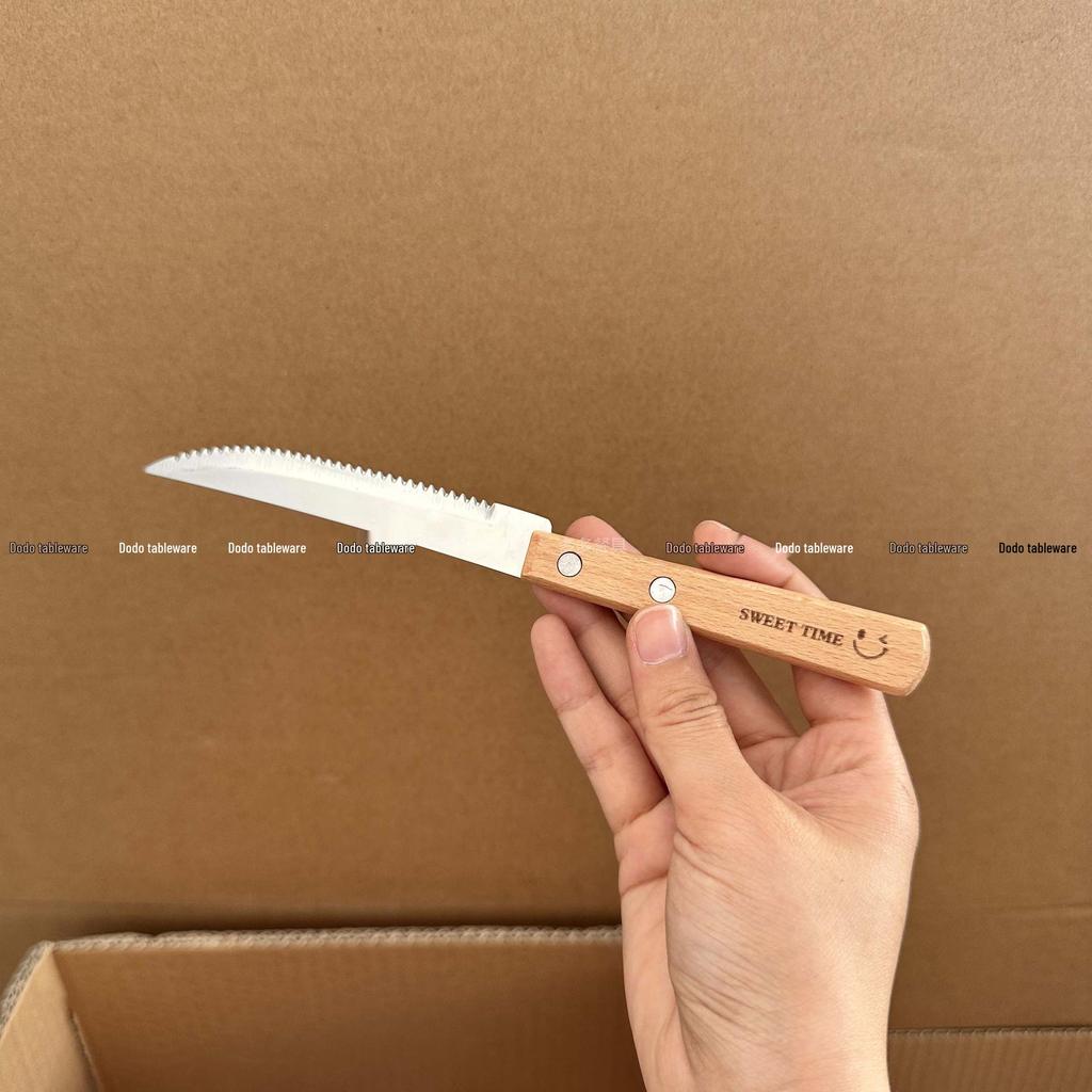 Stainless Steel Cutlery Set with Wood Handles and Smiley Logo - Knife, Fork, Spoon for Desserts and Dining.