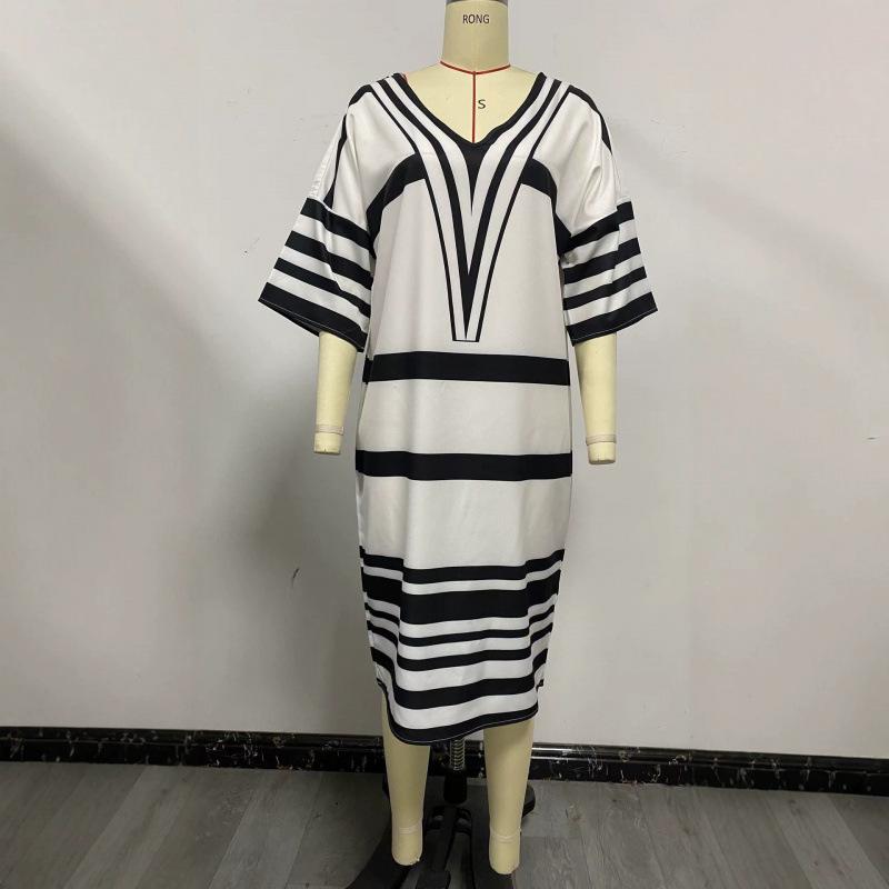 2026 Amazon Summer New Printed Stripe Fashion Casual Loose Versatile V-Neck Dress