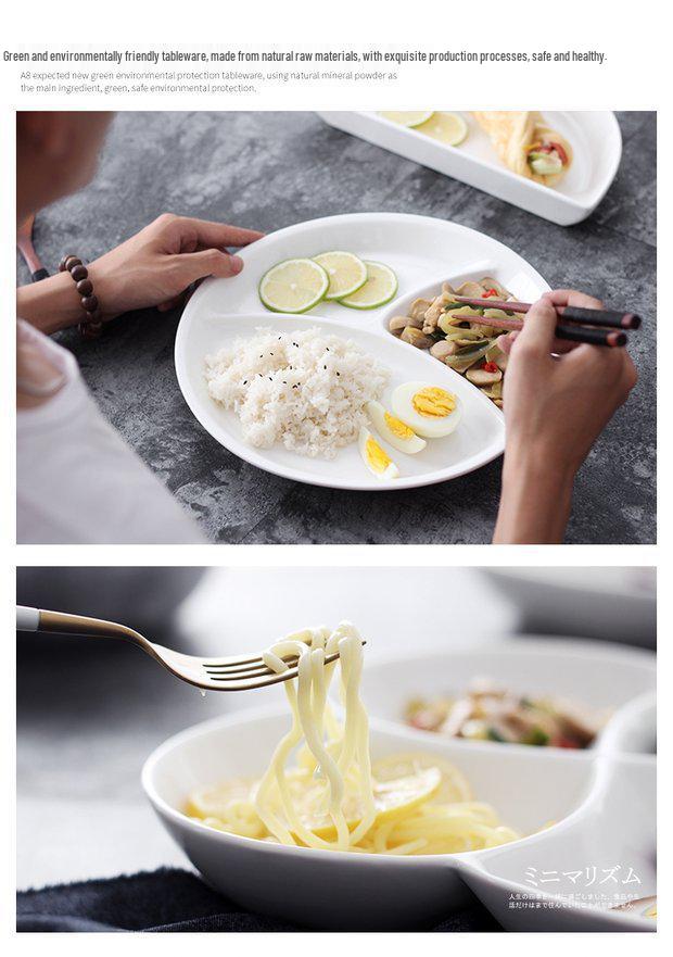White Ceramic Divided Plate for Home Use - Three & Four Compartments - Creative Fitness Separator Plate