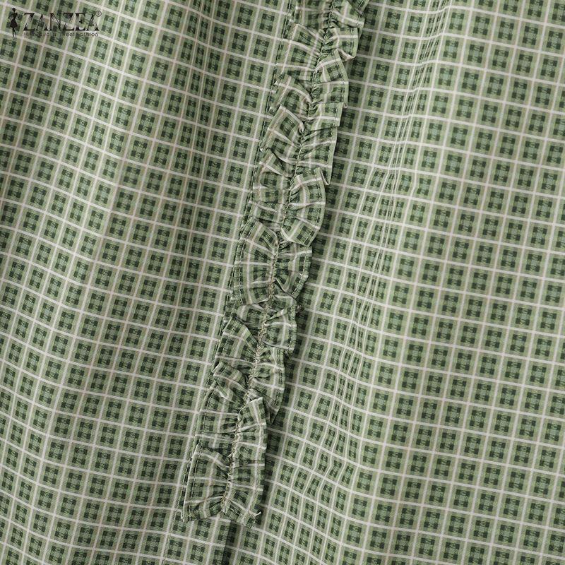 ZANZEA Women Grid Print Casual V-neck Loose Long Sleeve Blouse