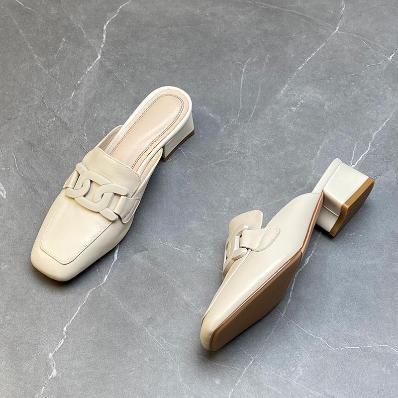 Baotou Half Slippers Muller Shoes Women's Fashion Outer Wear Lazy Middle Heel Thick Heel Women's Cool Slippers 2025 New Summer