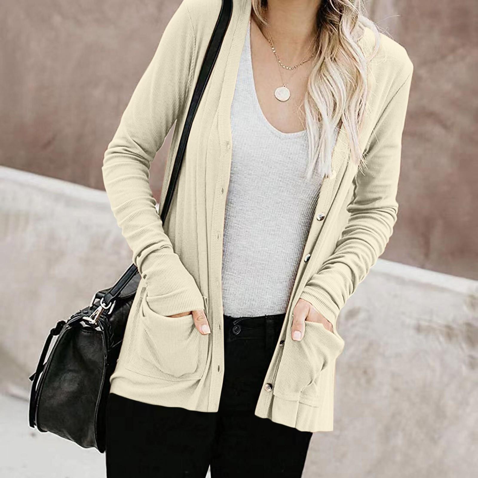 

Женские топы с длинными рукавами, повседневные рубашки, карманы на пуговицах, базовые трикотажные футболки в рубчик, кардиган L бежевый