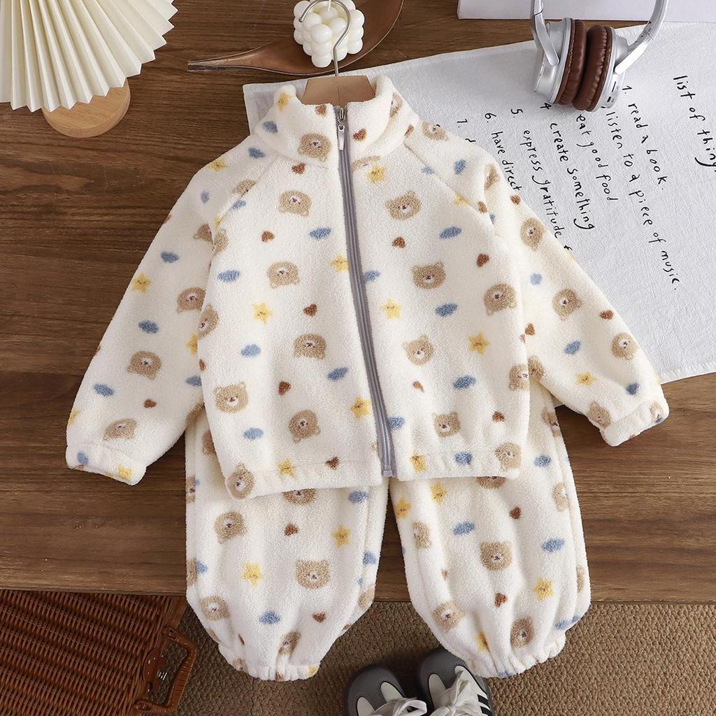 Autumn/Winter Plush Thickened Korean Style Kids Homewear Set - Warm Boys & Girls Clothing