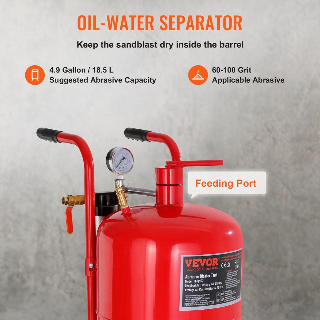 VEVOR 10Gal/40L Sandblaster Equipped with Nozzle Shut-Off Valve Pressure Gauge Ceramic Nozzle 2.5m Hose Filling Funnel Watertrap 6\" Rubber