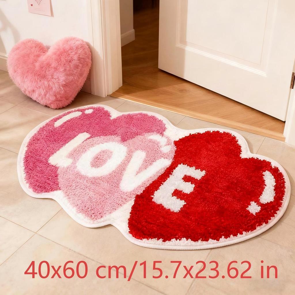 1PC Valentine's Day Heart-shaped Floor Mat - Soft, Anti-slip, with Red and Pink Heart-shaped Patterns and the Word "LOVE"