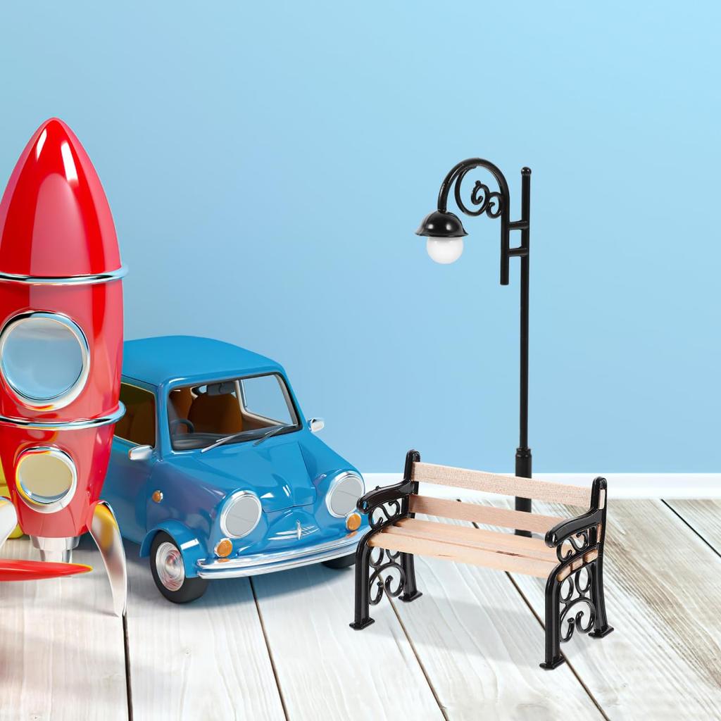 Ifundom Miniature Park Bench Set with Mini Street Light Post for DIY Dollhouse, Miniature Garden Furniture, 9.00 X 3.00 X 1.00cm, Desktop Decor