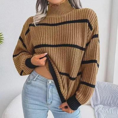 Pull en tricot ample décontracté à manches longues et col mi-haut de style européen et américain