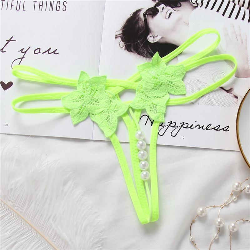 Women Sexy Lace Panties Thongs Pearl Pendant Lace Embroidery G-String T-Back Briefs Underwear Adjustable Ladies Panties Lingerie