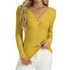Women's Fashion Twisted V-Neck Slim T-Shirt Long Sleeve Pullover Solid Colour Top