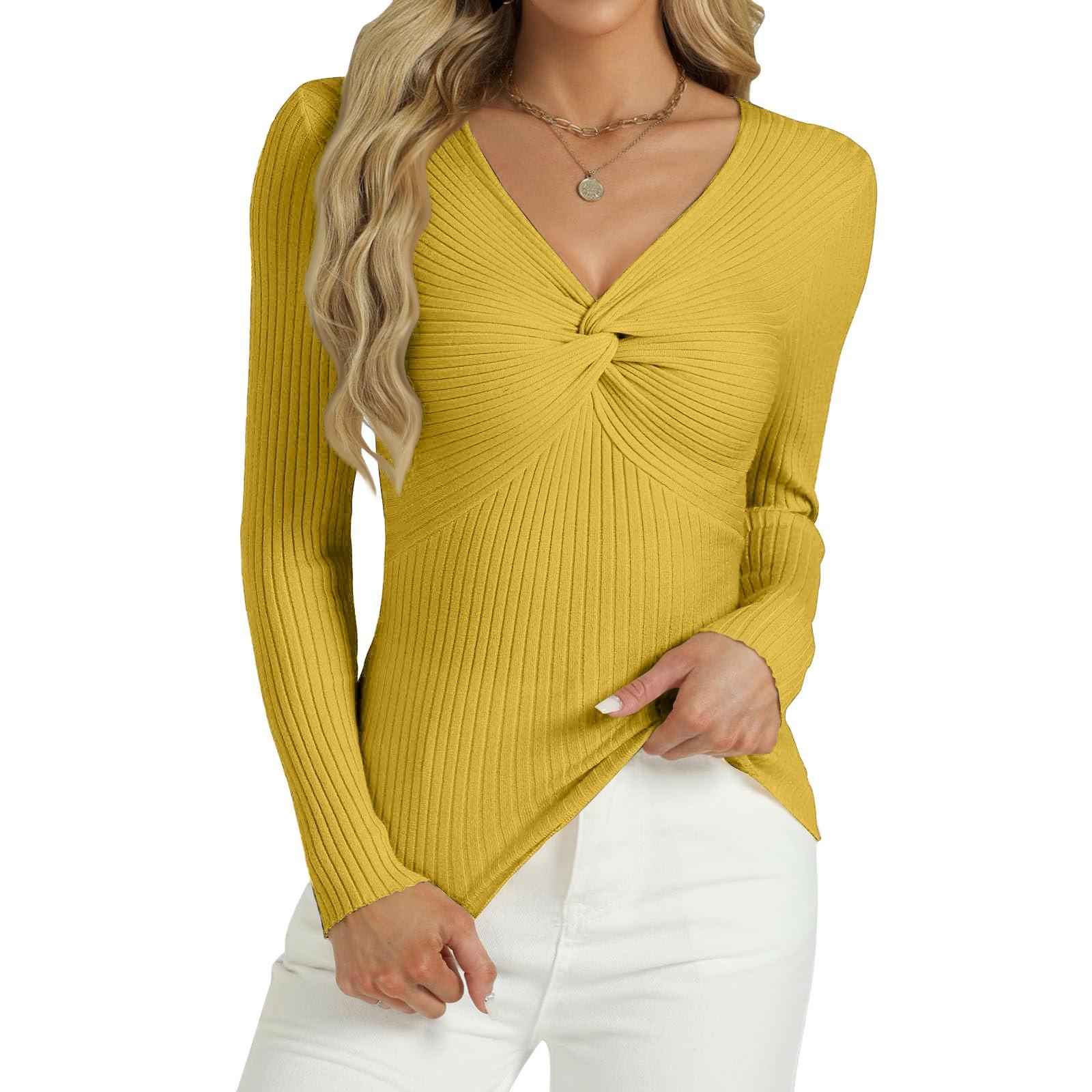 

Женская модная футболка с перекрученным V-образным вырезом, облегающая, с длинным рукавом, пуловер, однотонный топ XL жёлтый