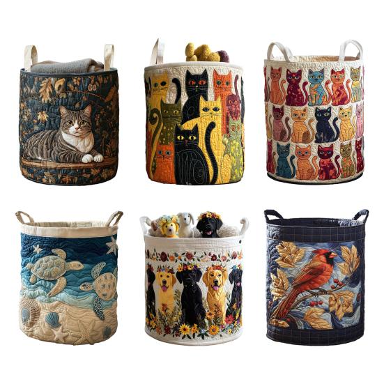 Quilted Laundry Basket Foldable Boho Fabric Laundry Hamper Cute Cat Storage Basket for Clothes Toys Blankets Nursery Bedroom