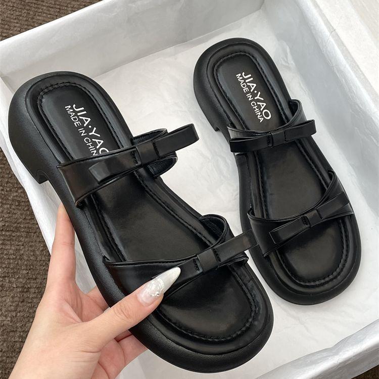 Silver French with Skirt One-word Thick-soled Slippers Women's Summer Fashion Outer Wear 2025 Sweet Bow Cool Slippers