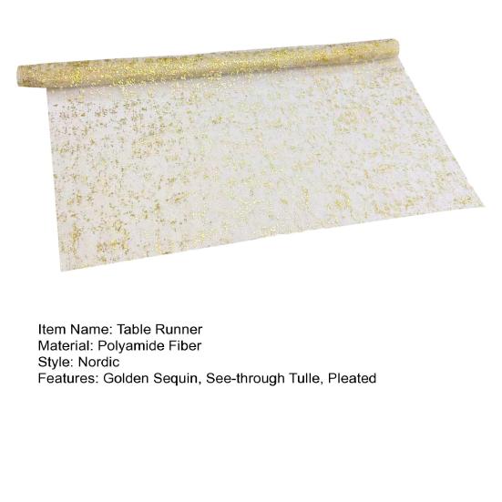 Wedding Party Table Runner Glittering Golden Sequin See-through Tulle Bohemian Style Pleated Stain-Proof Reusable Table Protection Decoration Prom
