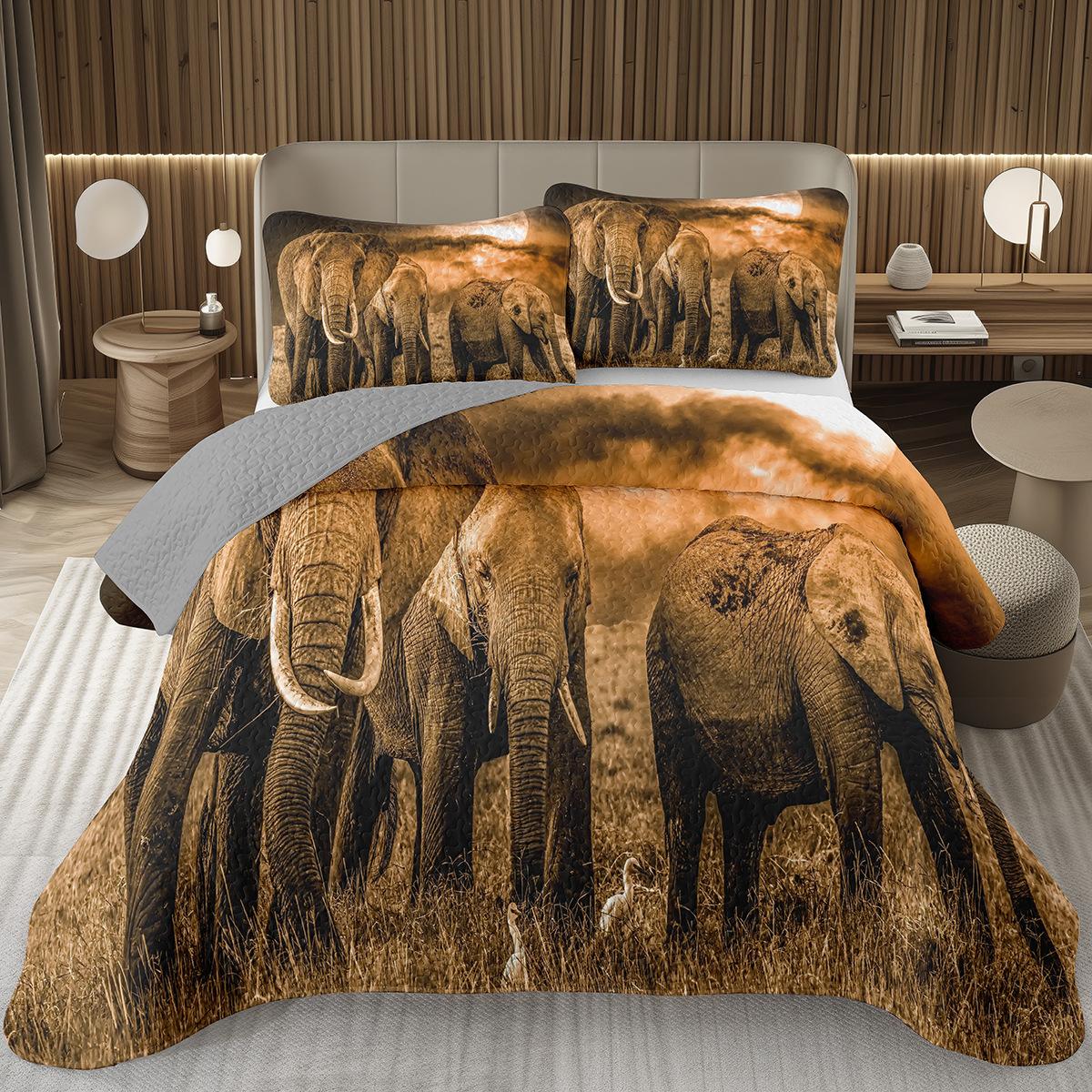 Ensemble de courtepointe Éléphant, Animaux Africains Éléphants Couvre-lit Matelassé Ensemble de Literie Style Ferme Rustique Occidental Thème Safari Sauvage Couvre-lit EU King 240x220cm