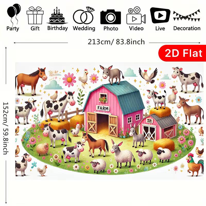 2D Toddler Farm Party Backdrop, Colorful Barnyard Animals Background for Photoshoot