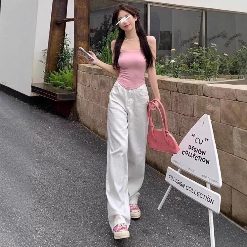 Women's High-Waisted White Wide-Leg Jeans - Summer 2025 Slimming Straight-Leg Petite Floor-Length Pants