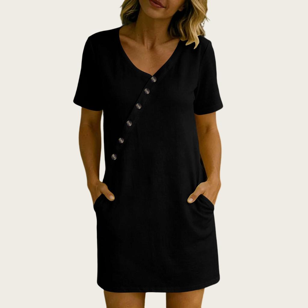Damen Sommer Lässiges V-Ausschnitt Kurzarmkleid mit Knopfleiste und Taschen Leicht Lockerer Schnitt für den täglichen Gebrauch