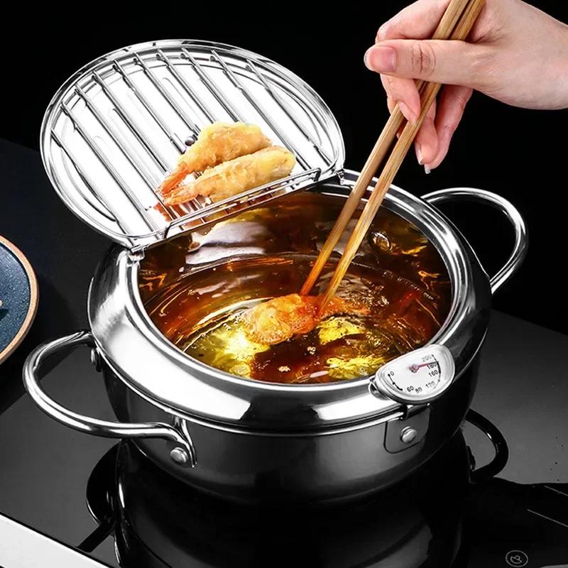 Japanese Deep Frying Pot with a Thermometer and a Lid 304 Stainless Steel Kitchen Tempura Fryer Pan 20 24 Cm