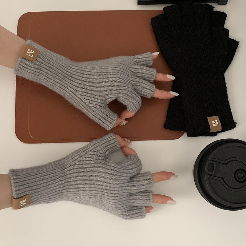 New Fashionable Simple Solid Color Half Finger Gloves Minimalist Touch Screen Knitted Gloves Autumn and Winter Palm Warm Gloves