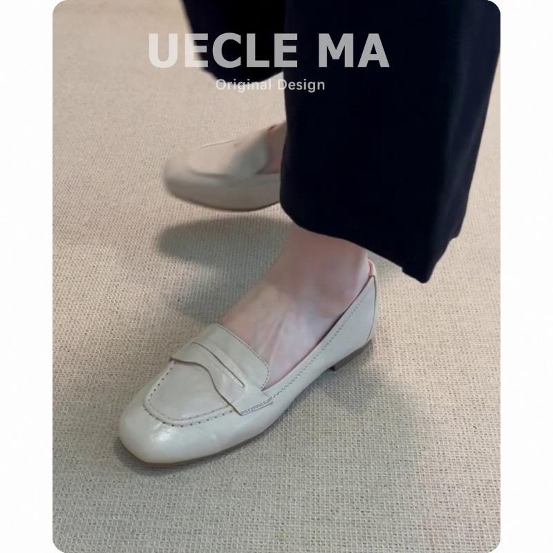 Cowhide~ Genuine Leather Handmade Shoes, Flat-soled Single Shoes, Women's Versatile Square Head Small Leather Shoes, Commuting Shallow Mouth