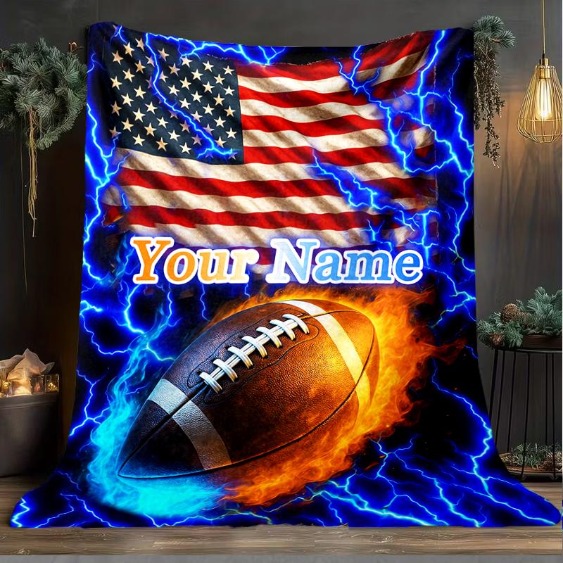 1PC Custom Name American Football Firework outdooor Flannel blankets Patterns Throw Blanket All-Season Soft Gift for Couch, Bed, Camping gifts