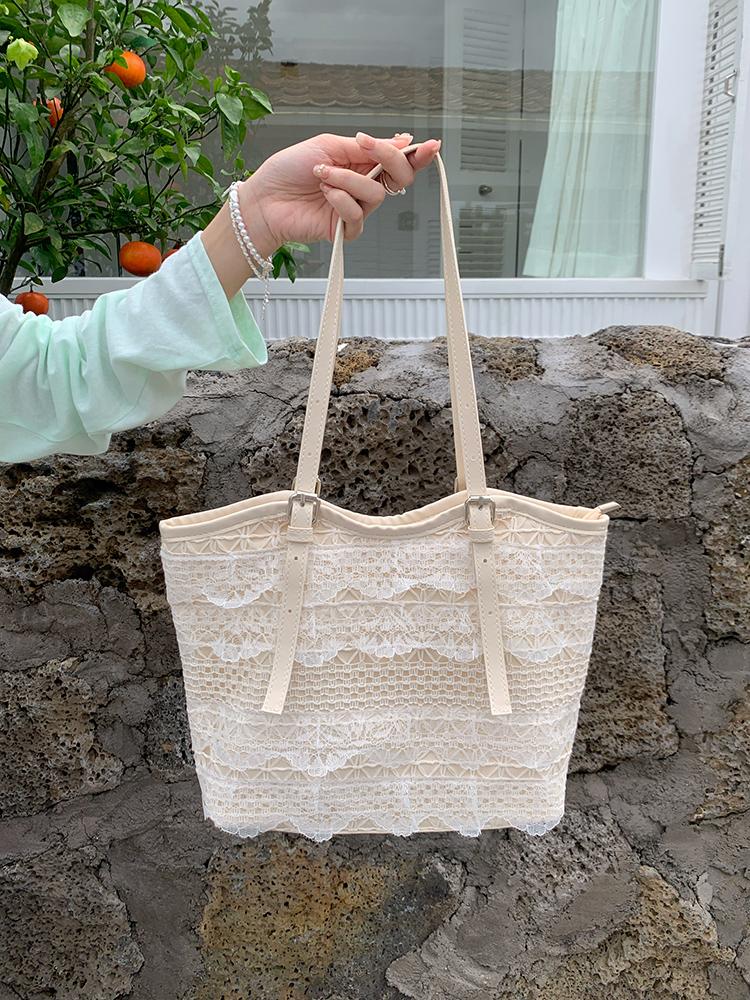 

Sweet Lace Women s Portable Tote Handbags Casual Mesh Ladies Shoulder Bags Simple Commuter Female Large Capacity Underarm Bag бежевый