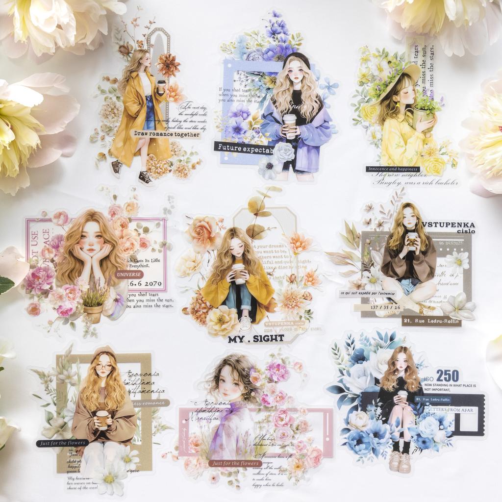 10 Pcs/Set PET Stickers Flower Girl Series Character Spring Background Sticker Romantic Large Diary Decoration Stickers Pack